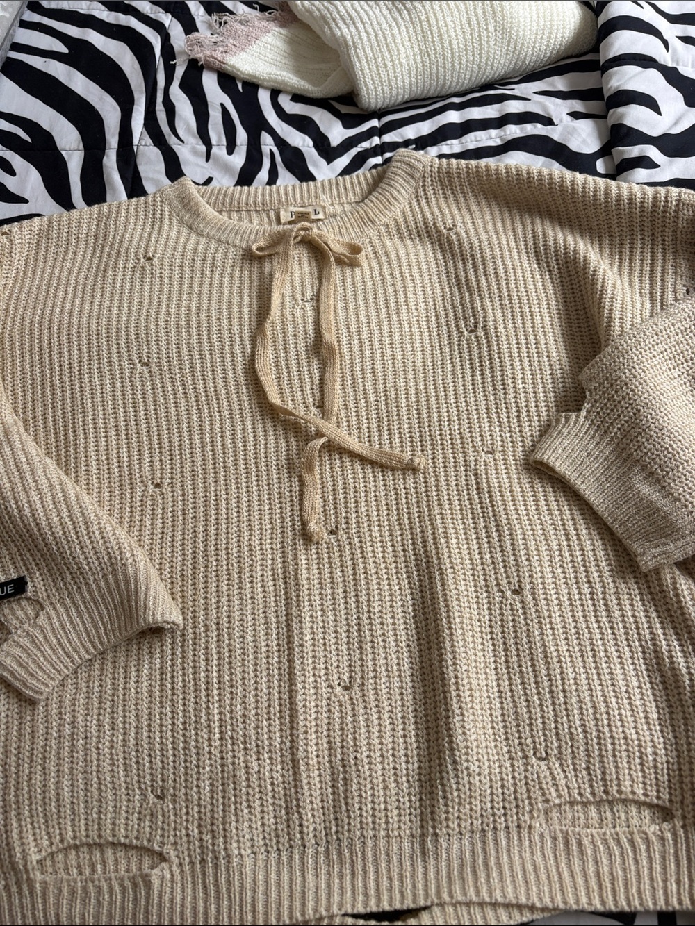 POL Cream Tie-Neck Crew Sweater